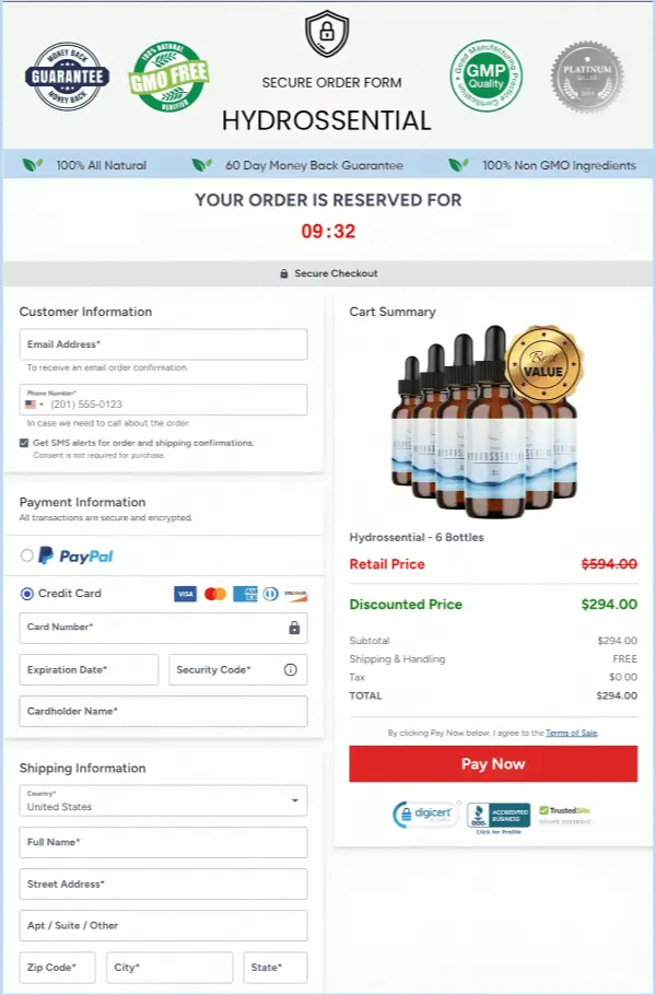 Hydrossential Secure Checkout Page